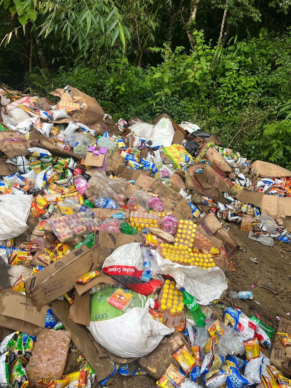 The expired food and grocery items confiscated and destroyed during a surprise inspection of shops in Satakha town on July 16.